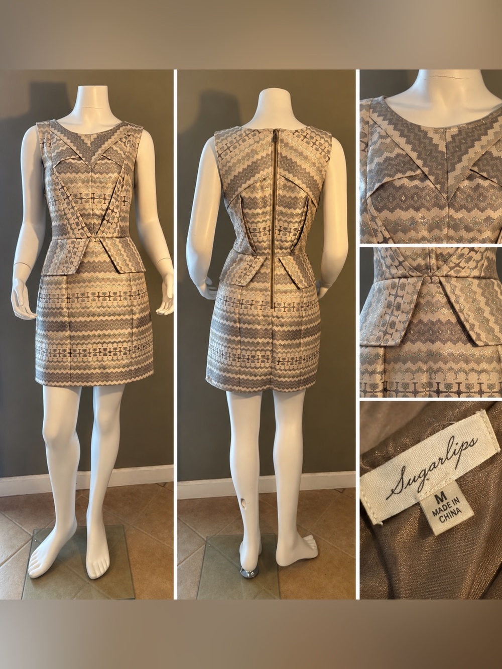 Sugarlips Beige Metallic Chevron Peplum Mini Dress